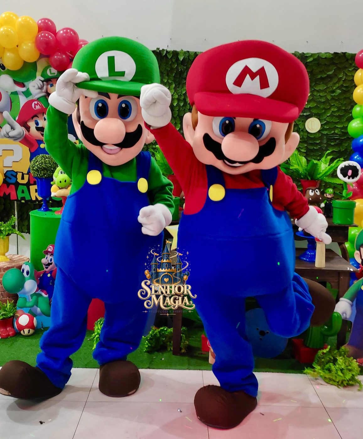 Mario e Luigi do Senhor Magia posando na frente da decoração da festa