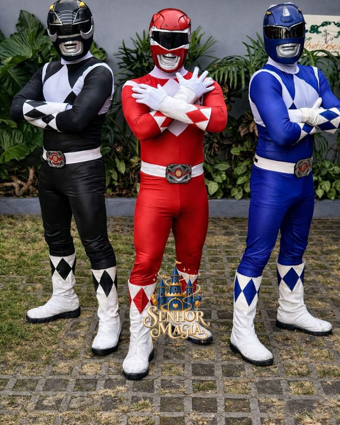 Power Rangers vermelho, preto e azul do Senhor Magia posando de braços cruzados
